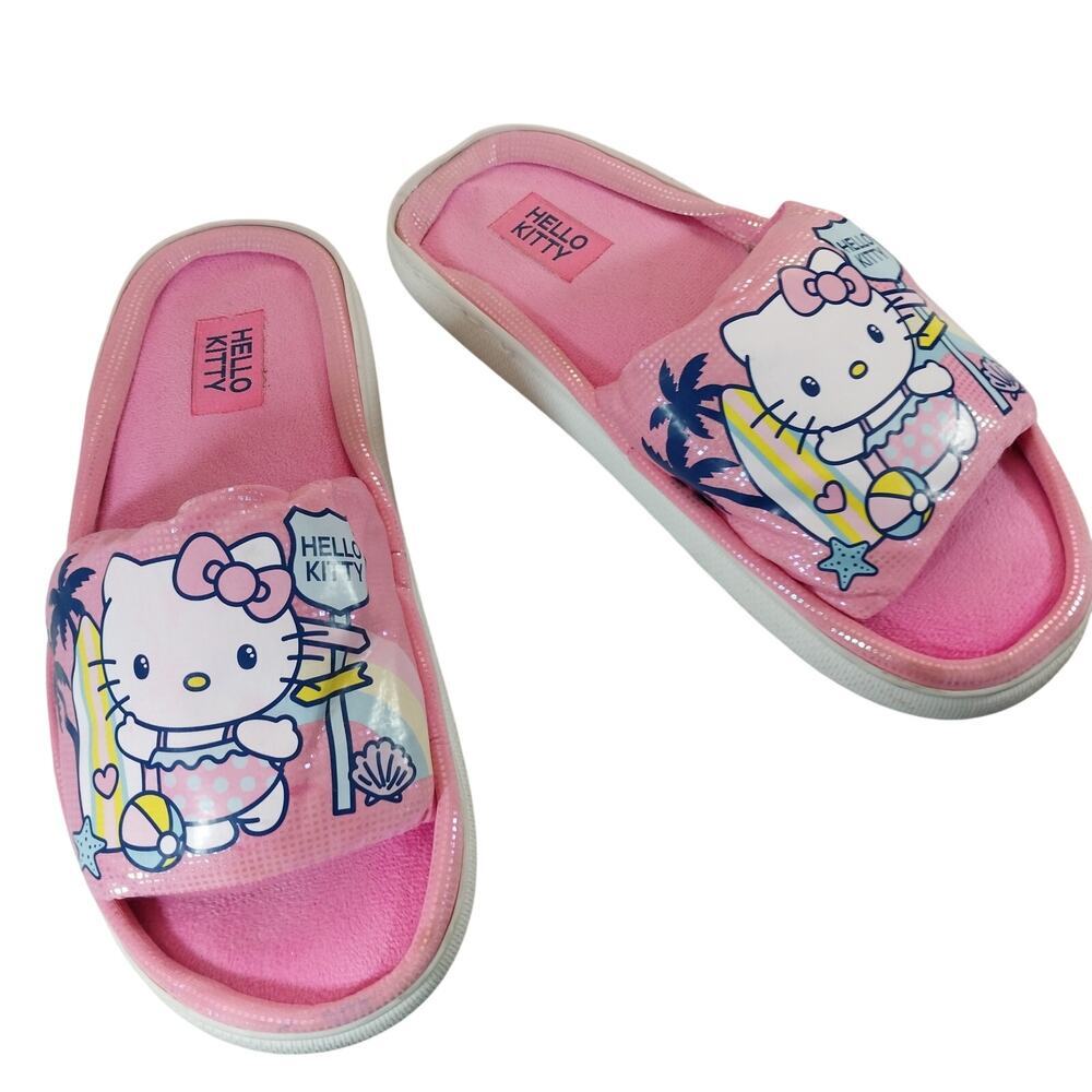 HELLO KITTY! PINK PADDED, KITTY AT THE BEACH GRAPHIC, DOTTED SLIPPERS! SZ L 8-10 - Picture 2 of 10